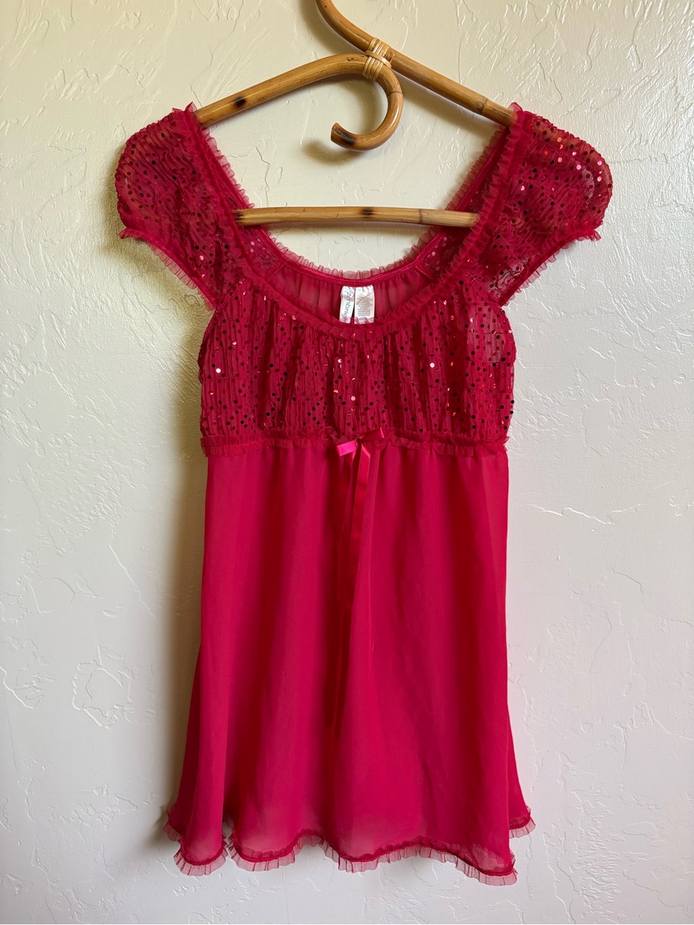 Ambrielle Sequin Sheer Short Sleeve Banydoll Lingerie Top Size Medium Y2K 2000s